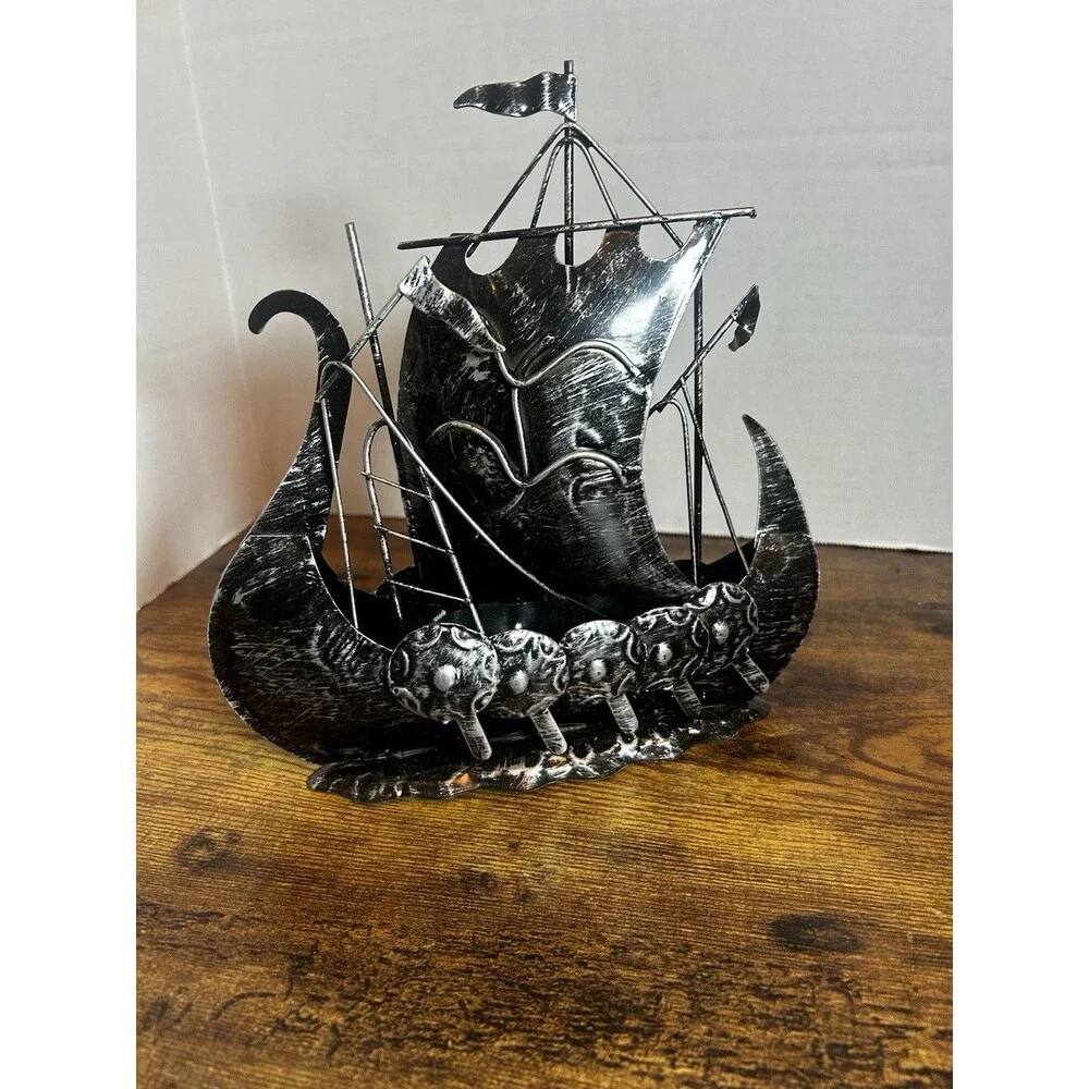 Vintage Black Metal Viking Ship Sculpture Nordic Dragon Boat Home Decor 9.5 Inch